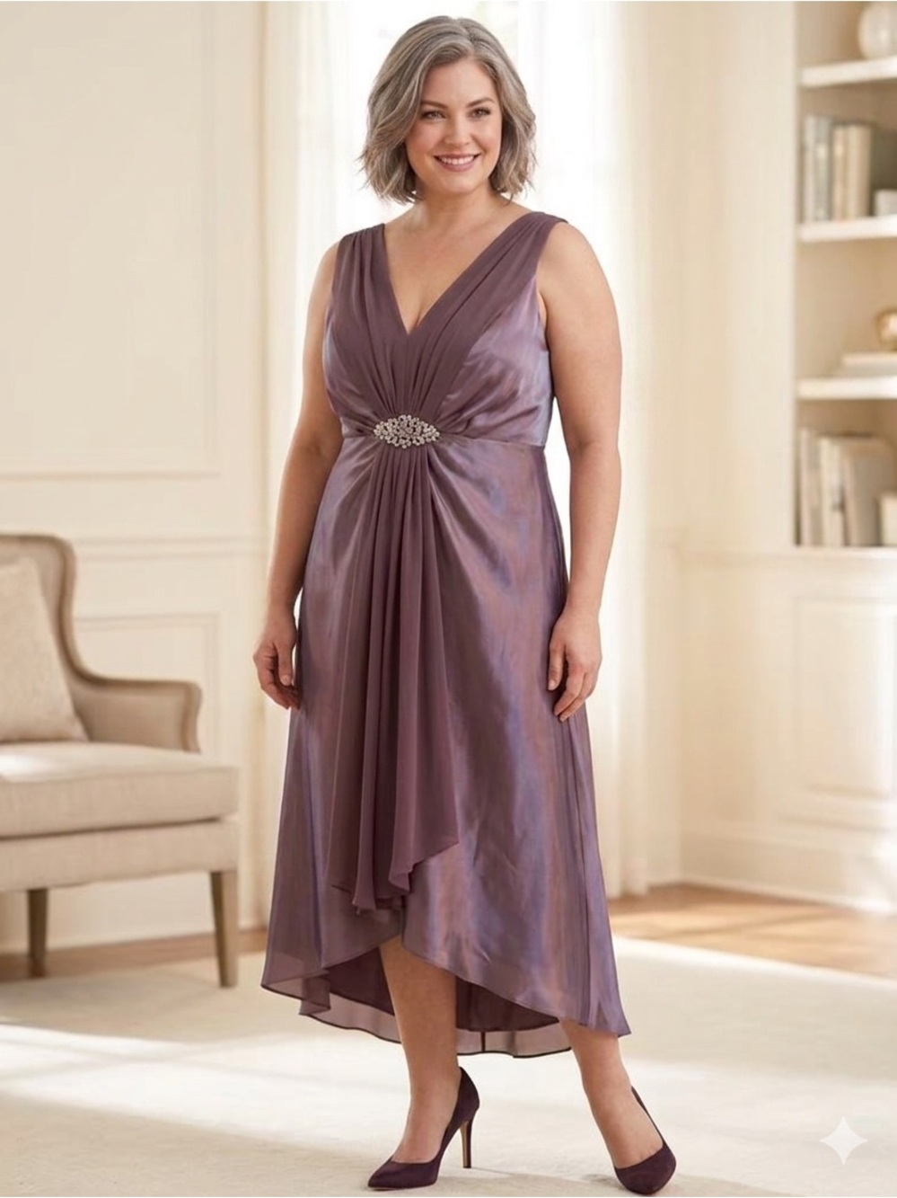 Silhouette Mauve-Lilac High-Low V-Neck Dress with Embellished Waist